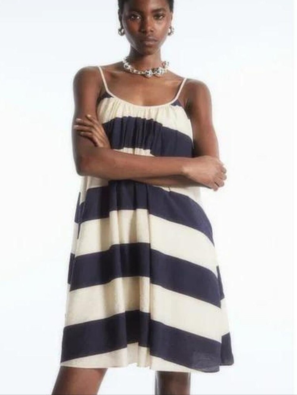 COS Gathered Strappy Mini Dress Navy Cream Nautical Stripe Swing! Size 6